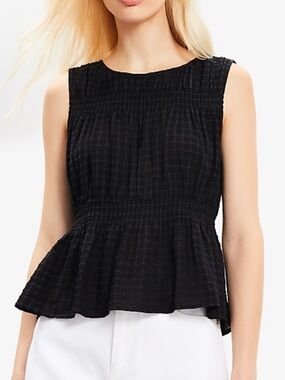 LOFT Plaid Smocked Peplum Top Black Gingham XL